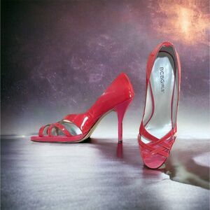 BCBGIRLS Patent Lather Coral Pink Pumps 4 in Heels Open Toe  7 1/2 B